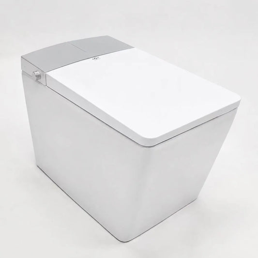 Toilette japonaise lavante Nelsmann KAKU blanc, design carré monobloc, vue de 3/4 avec abattant fermé et capot arrière gris clair