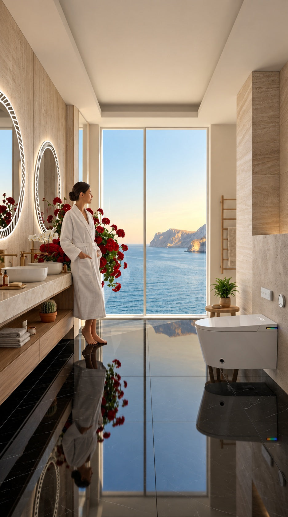 WC japonais suspendu Nelsmann installé dans une salle de bain de luxe moderne avec vue sur mer