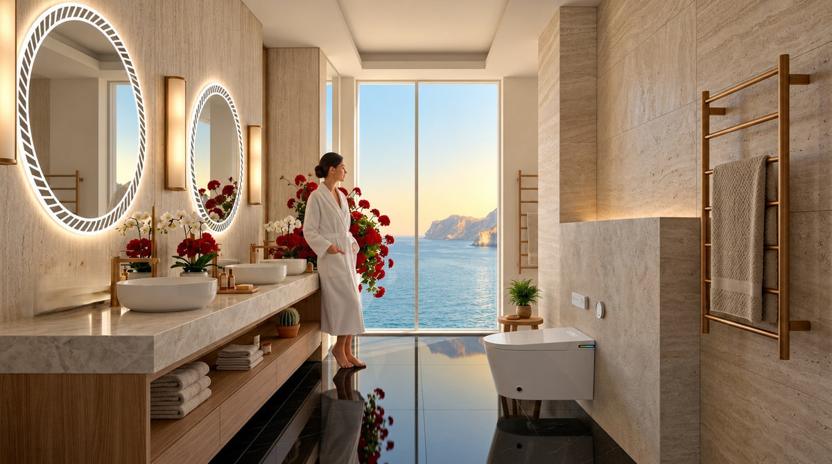 Toilette japonaise Nelsmann installée dans une salle de bain de luxe avec vue panoramique sur la mer et meuble vasque.