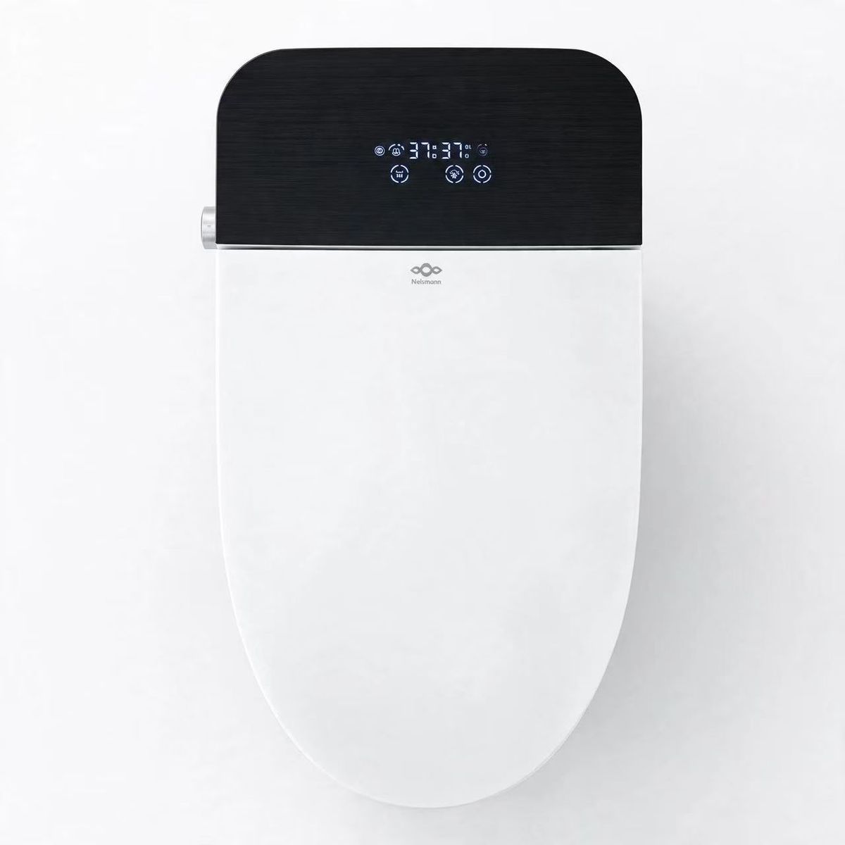 Texte alternatif : WC japonais Nelsmann Hikari vu de dessus avec écran LED d’affichage de la température et commandes tactiles