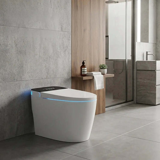Toilette japonaise Nelsmann HIKARI vue de trois-quarts avec éclairage LED dans une salle de bain