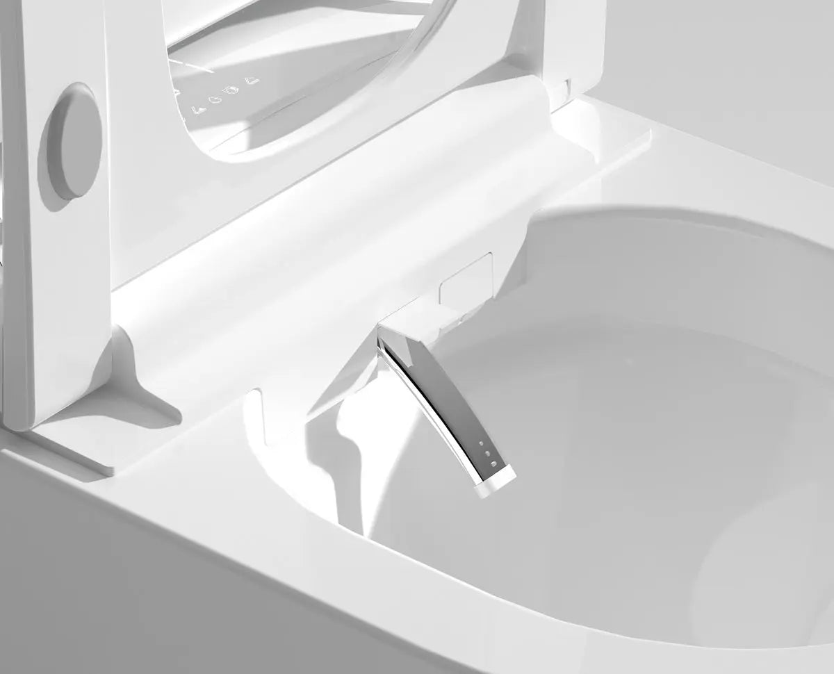 Bidet chromé de la Toilette Japonaise Suspendue Nelsmann SORA avec lunette ouverte