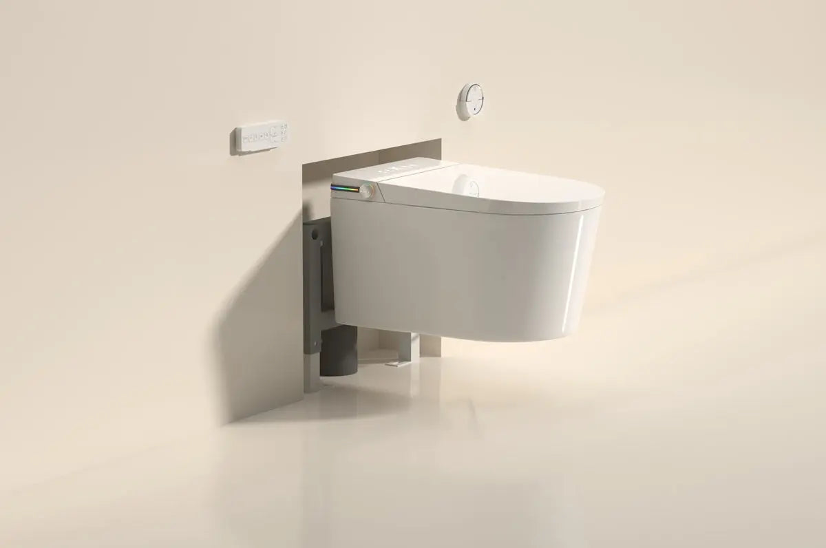 Toilette Japonaise Suspendue Nelsmann SORA couvercle fermé avec bâti support noir