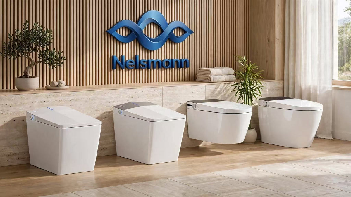 Gamme de WC japonais lavants Nelsmann : Kaku blanc, Kaku gris, Sora suspendu et Hikari, devant le logo de la marque