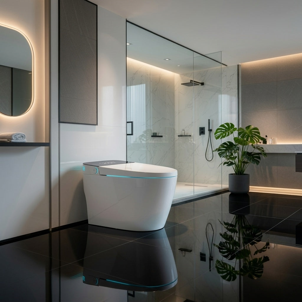 Toilette Japonaise Nelsmann HIKARI — WC Lavant Complet Tout-en-Un dans une salle de bain moderne avec miroir LED