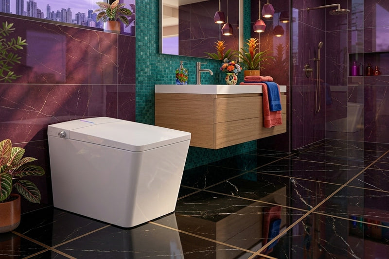 WC japonais intelligent blanc posé dans une salle de bain luxueuse avec murs violets améthyste, touches dorées, miroir rond lumineux et carrelage marbré blanc.