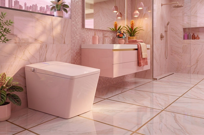 wc japonais pose dans une salle de bain couleur rose clair avec douche italienne