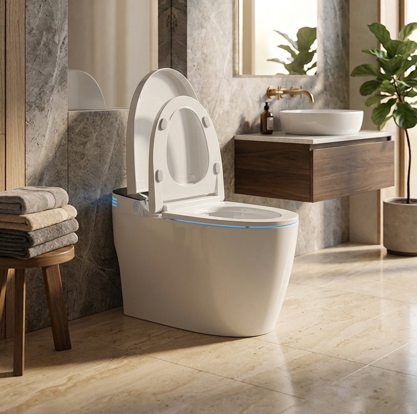 Toilette Japonaise Nelsmann HIKARI — WC lavant avec abattant ouvert dans une salle de bain moderne en marbre