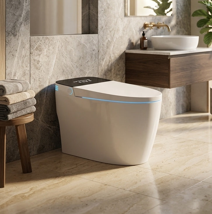 Toilette Japonaise Nelsmann HIKARI — WC lavant posé au sol dans une salle de bain en marbre