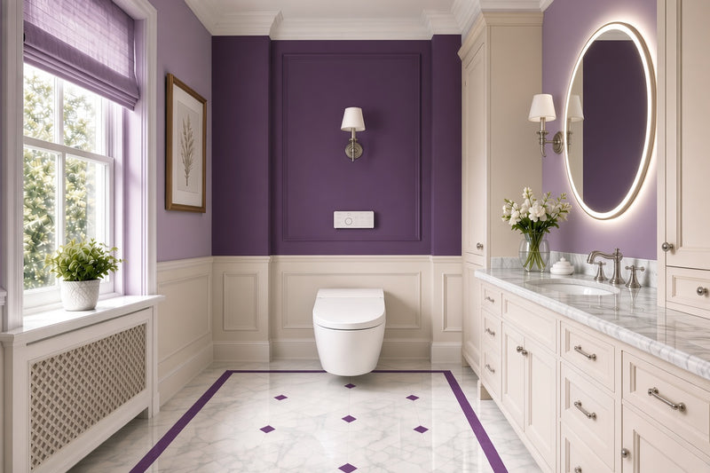 WC japonais suspendu Nelsmann sora installé dans une salle de bain violet