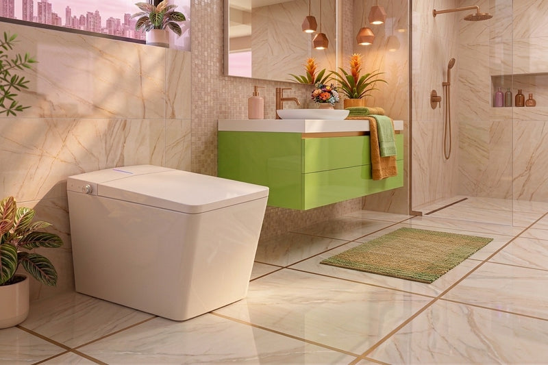 WC japonais intelligent blanc posé dans une salle de bain moderne avec carrelage beige marbré et meuble vert pomme