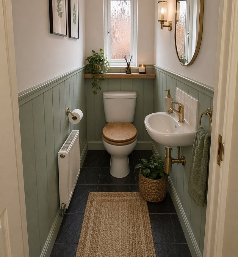 wc classique dans une piece couleur vert et beige lave main