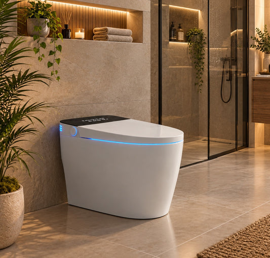 wc japonais lavant pose au sol dans une salle de bain beige marbre